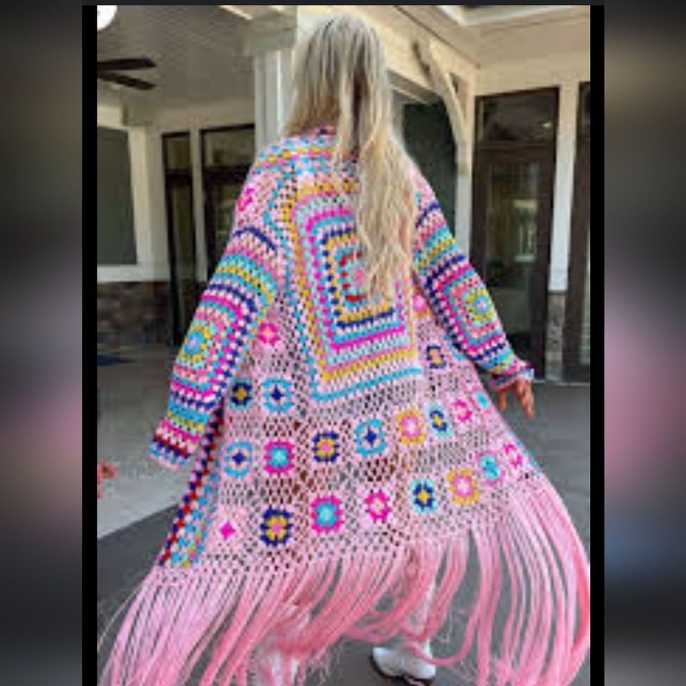 Pink lily pink colorful crochet long sleeve Cardigan - Picture 2 of 6